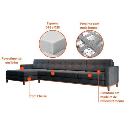 Sofá 4 Lugares Living com Chaise Esquerdo Pés e Base em Madeira Linho Cotton Grafite