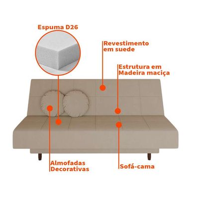Sofá-Cama Casal 3 Lugares Jimmy Suede Bege