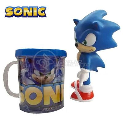 Kit Boneco Sonic Azul Articulado 15Cm + Caneca 350Ml Nº11