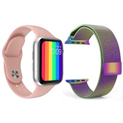Kit 1 Smartwatch Iwo12 Lite Rosa + 1 Pulseira Aço Arco Íris