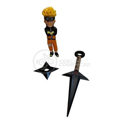 Kit Boneco Naruto 15Cm + 2 Shuriken + 1 Bandana + 2 Kunai