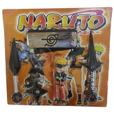 Kit Boneco Naruto 15Cm + 2 Shuriken + 1 Bandana + 2 Kunai