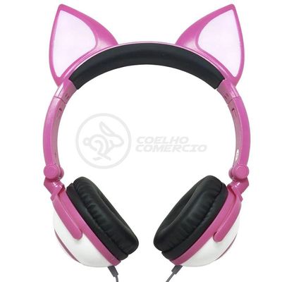 Fone De Ouvido Gatinho Fio C/ Led Infantil Rosa