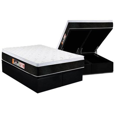 Cama Box Baú King: Colchão Espuma D45 Castor Black E White Air Euro Pillow + Base Black(193X203)