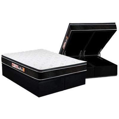 Cama Box Baú King: Colchão Espuma D33 Castor Black E White Air Euro Pillow + Base Black(193X203)