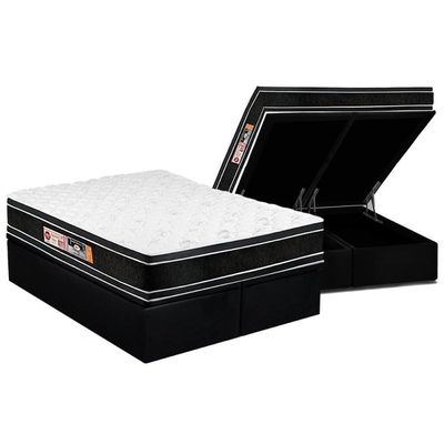 Cama Box Baú King: Colchão Espuma D33 Castor Black E White Air Euro Pillow + Base Black(193X203)