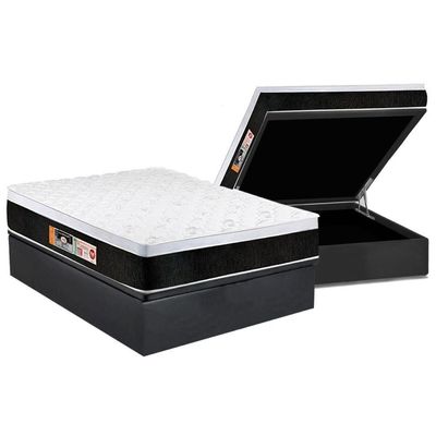 Cama Box Baú Casal: Colchão Espuma D45 Castor Black E White Air Euro Pillow + Base Gray(138X188)