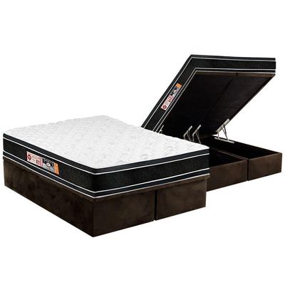 Cama Box Baú King: Colchão Espuma D33 Castor Black E White Air Euro Pillow + Base Brown(193X203)