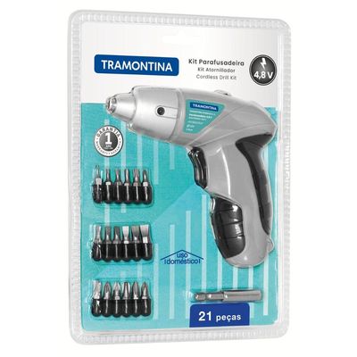 Parafusadeira 1/4 polegada 21 Peças Tramontina para Uso Doméstico a Bateria Ni-Cd 4,8 V