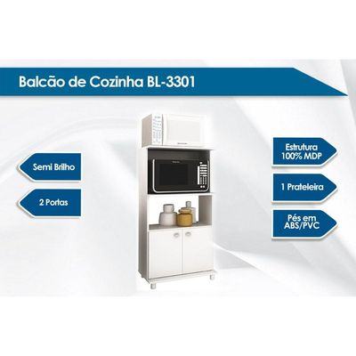 Balcão de Escritório Multiuso BL-3301 c/ 2 Portas e 2 Nichos 60cm Branco - Tecno Mobili