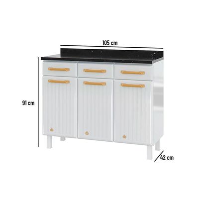 Balcão de Cozinha Diamante 3 Portas e 3 Gavetas c/ Tampo 105cm Branco - Telasul