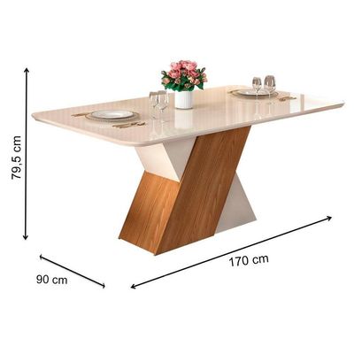 Mesa para Cozinha Rubi + Tampo Madeirado Vidro 170x90cm Freijó/Off White/Off White - DJ Móveis