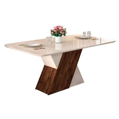 Mesa para Cozinha Rubi + Tampo Madeirado Vidro 170x90cm Freijó/Off White/Off White - DJ Móveis