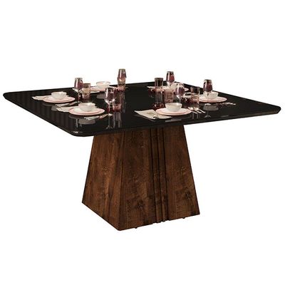 Mesa para Cozinha Itália + Tampo Madeirado Vidro Curvo 136x136cm Freijó/Off White - DJ Móveis