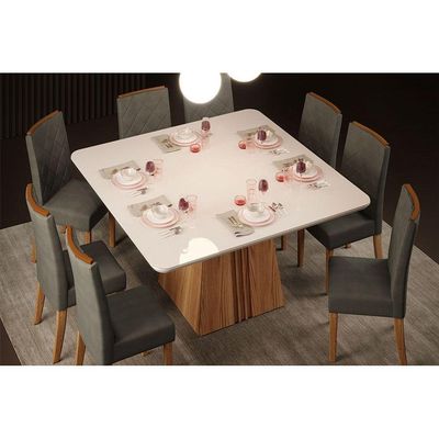 Mesa para Cozinha Itália + Tampo Madeirado Vidro Curvo 136x136cm Freijó/Off White - DJ Móveis