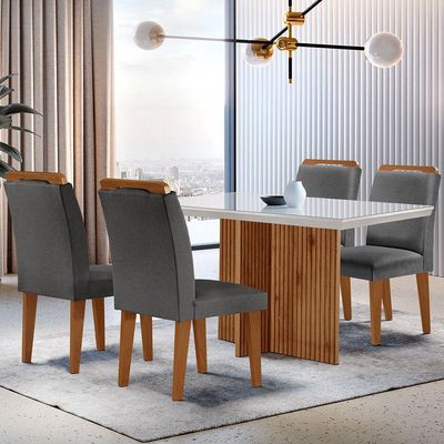 Mesa Olimpia 120cm Mdf Vidro Canto Reto Com 4 Cadeiras
