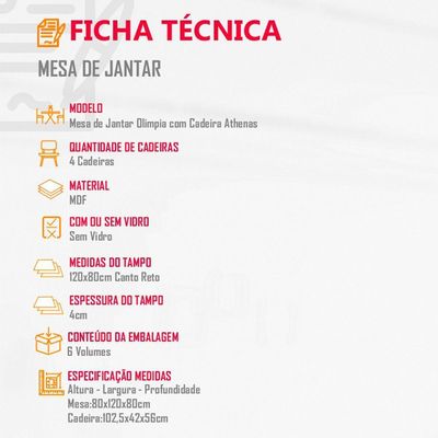Sala De Jantar Mesa 120cm Mdf Canto Reto Com 4 Cadeiras