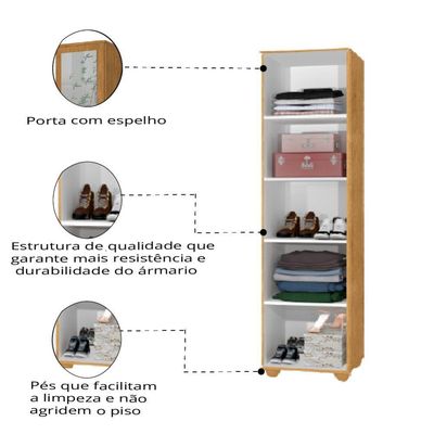 Armário E Sapateira Multiuso Marrie Com Espelho 1 Porta Nature J&A Nature