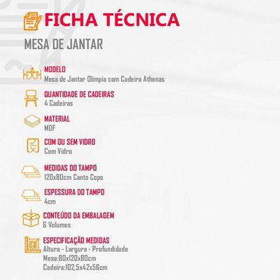 Sala De Jantar Mesa 120cm Mdf Vidro Canto Copo  4 Cadeiras