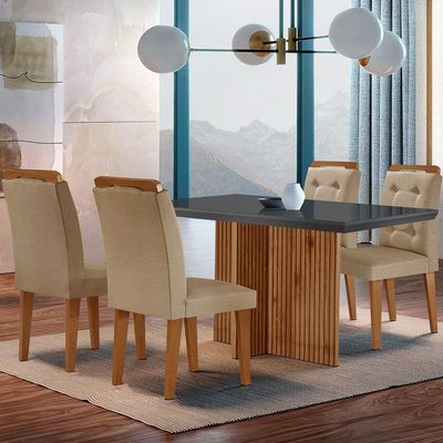 Mesa Olímpia 120cm Mdf Vidro Canto Reto Com 4 Cadeiras