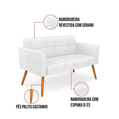 Kit 1 Sofá Namoradeira E 2 Poltronas Elisa Corano Pés Palito Castanho - D'rossi Cor Branco