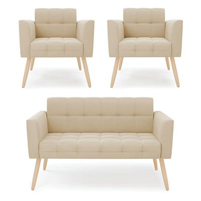 Kit 1 Sofá Namoradeira E 2 Poltronas Elisa Suede Pés Palito Natural - D'rossi Cor Bege