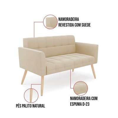 Kit 1 Sofá Namoradeira E 2 Poltronas Elisa Suede Pés Palito Natural - D'rossi Cor Bege