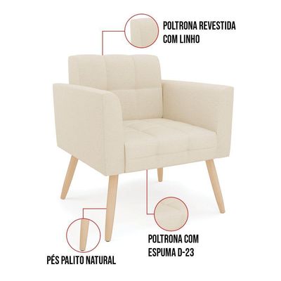 Kit 1 Sofá Namoradeira E 2 Poltronas Elisa Linho Bege A19 Pés Palito Natural - D'rossi