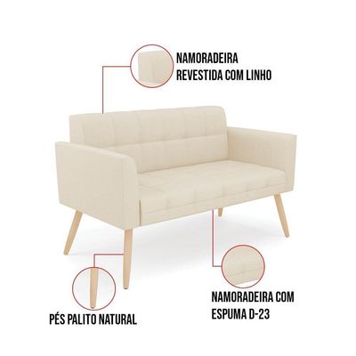 Kit 1 Sofá Namoradeira E 2 Poltronas Elisa Linho Bege A19 Pés Palito Natural - D'rossi