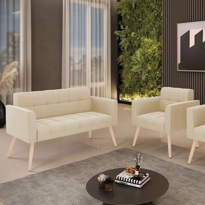Kit 1 Sofá Namoradeira E 1 Poltrona Elisa Suede Pés Palito Natural - D'rossi Cor Bege