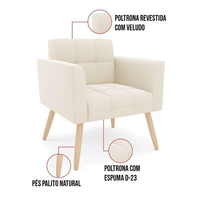 Poltrona Elisa Veludo Pés Palito Natural - D'rossi Cor Bege
