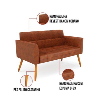 Kit 1 Sofá Namoradeira E 2 Poltronas Elisa Corano Pés Palito Castanho - D'rossi Cor Nozes