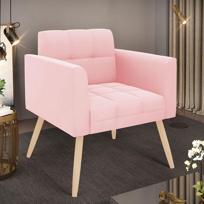 Poltrona Elisa Suede Rosa Bebê Pés Palito Natural - D'rossi