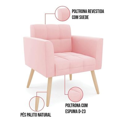 Poltrona Elisa Suede Rosa Bebê Pés Palito Natural - D'rossi