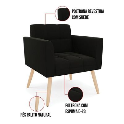 Poltrona Elisa Suede Pés Palito Natural - D'rossi Cor Preto