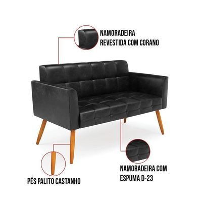 Kit 1 Sofá Namoradeira E 2 Poltronas Elisa Corano Pés Palito Castanho - D'rossi Cor Preto