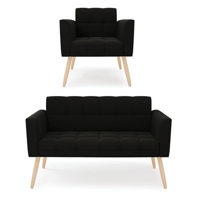 Kit 1 Sofá Namoradeira E 1 Poltrona Elisa Suede Pés Palito Natural - D'rossi Cor Preto