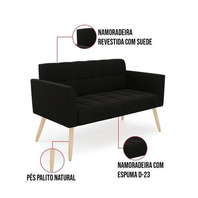 Kit 1 Sofá Namoradeira E 1 Poltrona Elisa Suede Pés Palito Natural - D'rossi Cor Preto