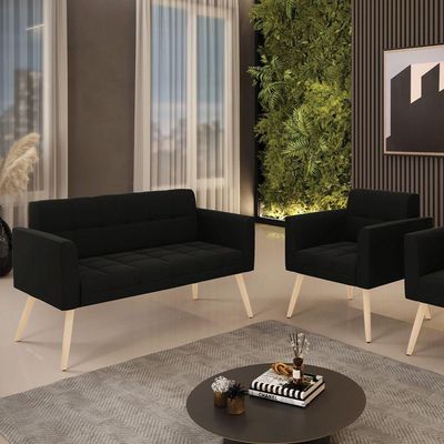 Kit 1 Sofá Namoradeira E 1 Poltrona Elisa Suede Pés Palito Natural - D'rossi Cor Preto