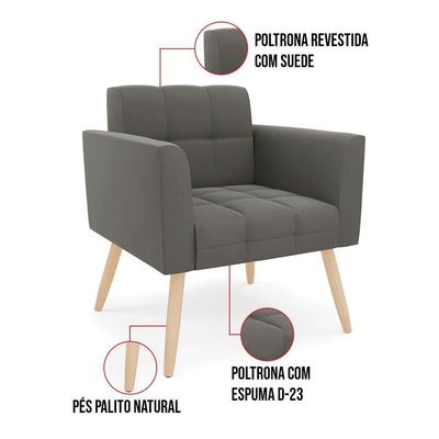 Poltrona Elisa Suede Pés Palito Natural - D'rossi Cor Grafite