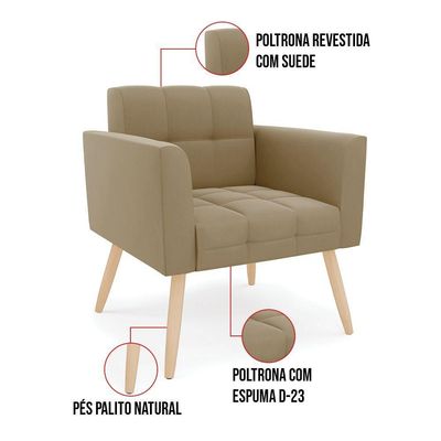 Poltrona Elisa Suede Marrom Rato Pés Palito Natural - D'rossi