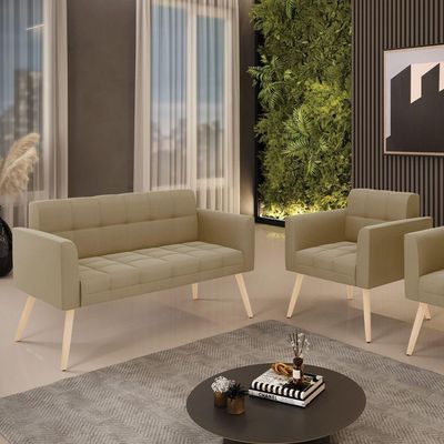 Kit 1 Sofá Namoradeira E 1 Poltrona Elisa Suede Pés Palito Natural - D'rossi Cor Marrom Rato