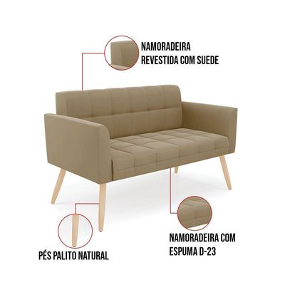 Kit 1 Sofá Namoradeira E 1 Poltrona Elisa Suede Pés Palito Natural - D'rossi Cor Marrom Rato