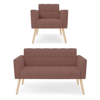 Kit 1 Sofá Namoradeira E 1 Poltrona Elisa Veludo Pés Palito Natural - D'rossi Cor Rose