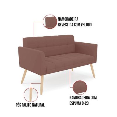 Kit 1 Sofá Namoradeira E 1 Poltrona Elisa Veludo Pés Palito Natural - D'rossi Cor Rose