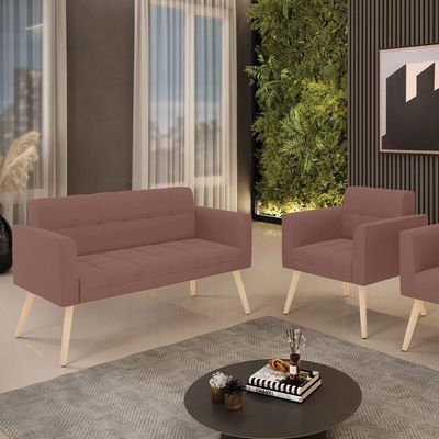 Kit 1 Sofá Namoradeira E 1 Poltrona Elisa Veludo Pés Palito Natural - D'rossi Cor Rose