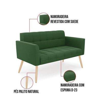 Kit 1 Sofá Namoradeira E 2 Poltronas Elisa Suede Verde Pés Palito Natural - D'rossi
