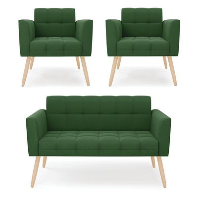 Kit 1 Sofá Namoradeira E 2 Poltronas Elisa Suede Verde Pés Palito Natural - D'rossi