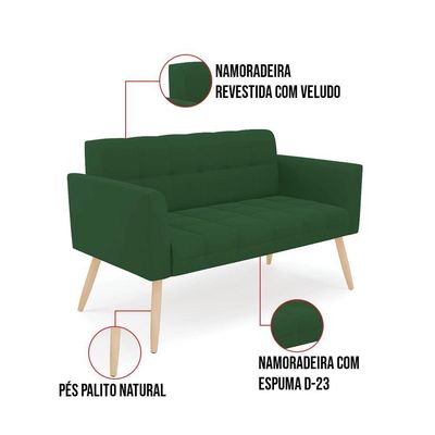 Kit 1 Sofá Namoradeira E 1 Poltrona Elisa Veludo Pés Palito Natural - D'rossi Cor Verde