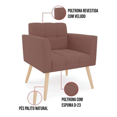 Poltrona Elisa Veludo Rosê Pés Palito Natural - D'rossi
